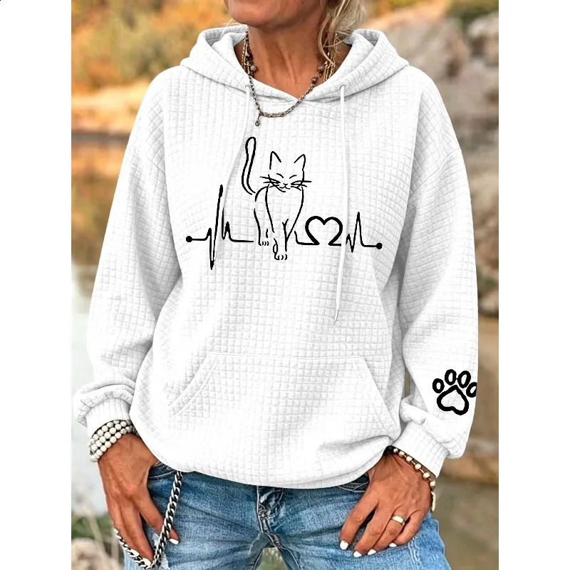 ilstile Women's Cat Print Hoodies Autumn Winter Long Sleeve Casual Outdoor Hooded Sports Sweatshirts White 260917
