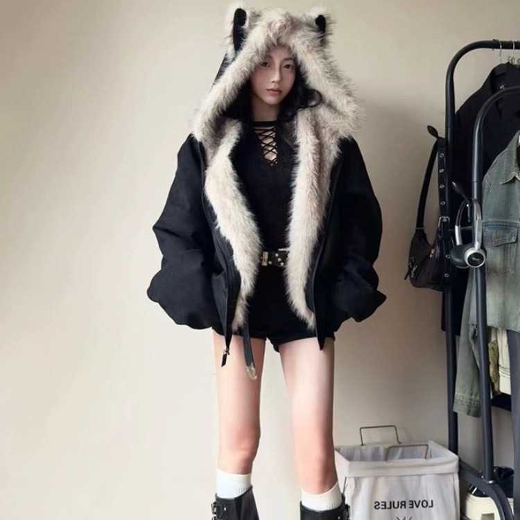 Fur Winter New Elegant Liner Loose Coat Women Y2k Fur Collar Hood Thick Fashion Parkas Casual Outerwear Cotton Padded Jackets H260917