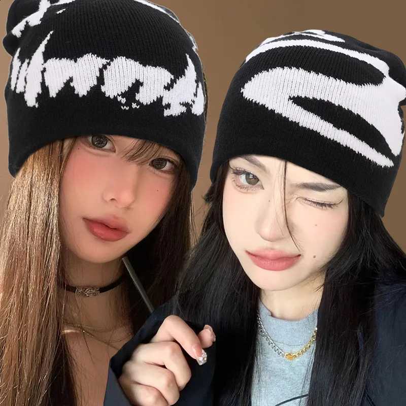White Harajuku Black Knitting Beanies Hat Gothic Tooth Cap for Women Men Winter Pullover Kpop Hat Vintage Y2K Hip Hop StreetwearT260916