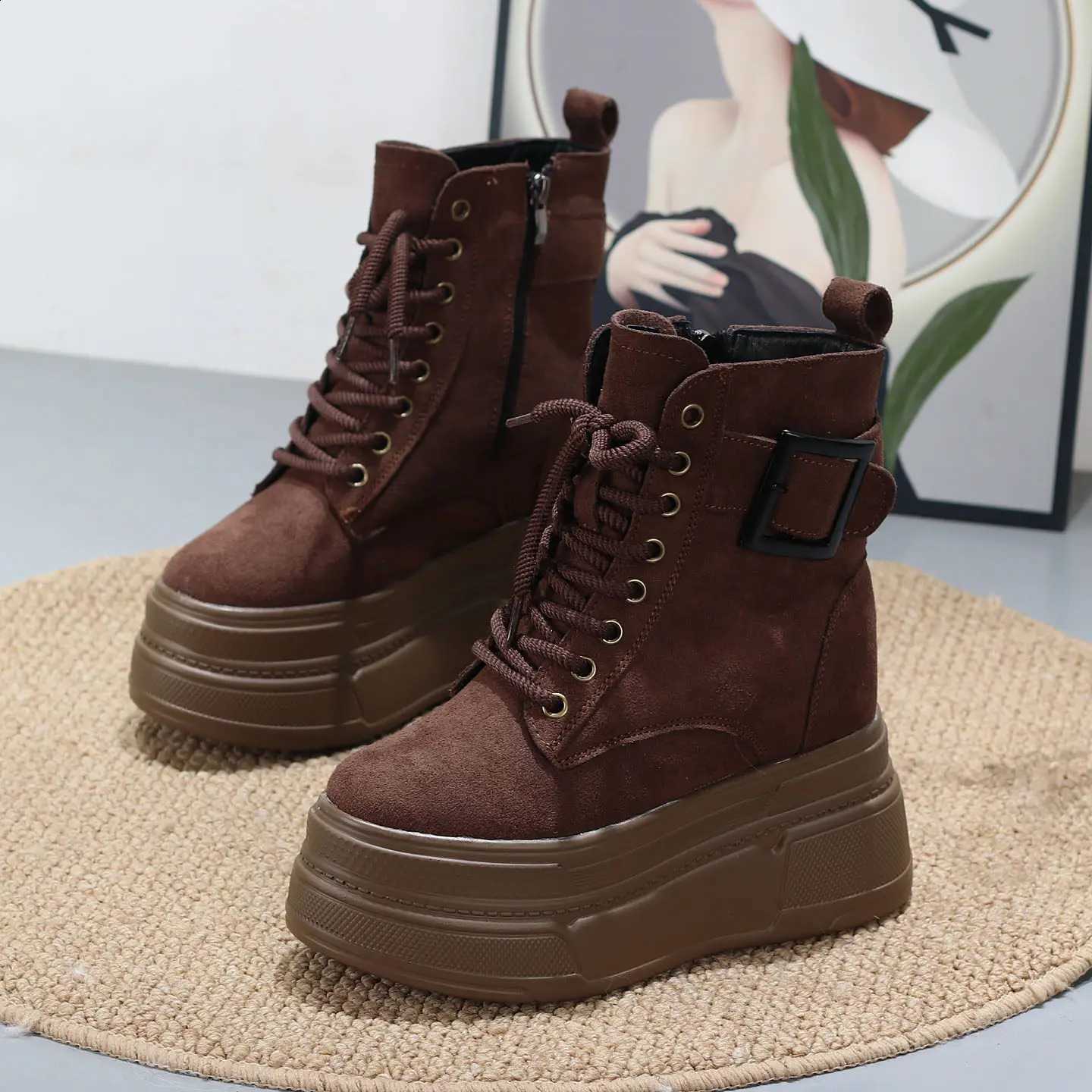 Spring Autumn Women's 10CM Ultra High Hidden Heel Suede Boots Thick Sole Platform Short fa1 Boots for Petite Slimming Effect D2609171