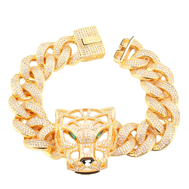 Hip-hop leopard head O-chain zircon bracelet, European and American trendy men's copper inlaid zircon bracelet, street dance and rap accessory