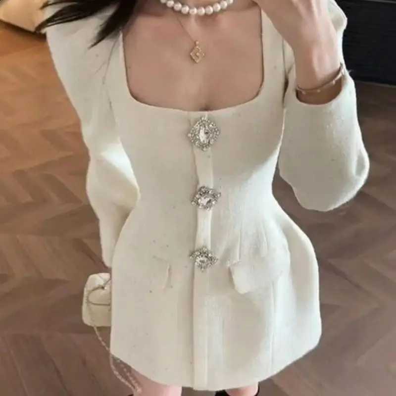 Button Elegant Diamond Chenille Dress Women Autumn Retro Square Neck Bubble Sleeve A-Line Dresses Sequin Mini Party Vestidos C260917