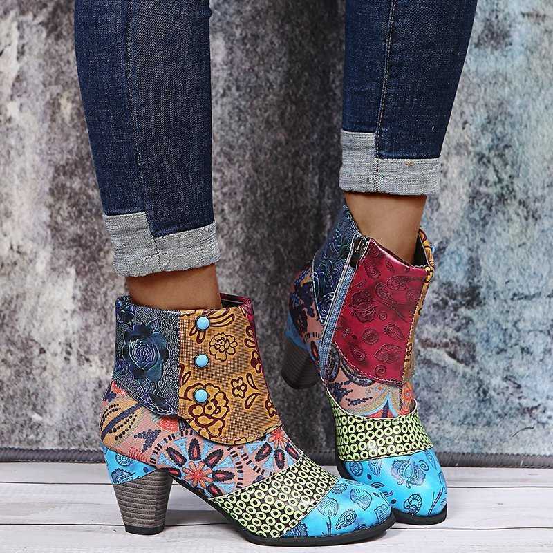 Leather Women Boots Bohemian Vintage New Female Printed Soft Zipper Ankle Boots Women Botines Mujer Botas Feminino D260917