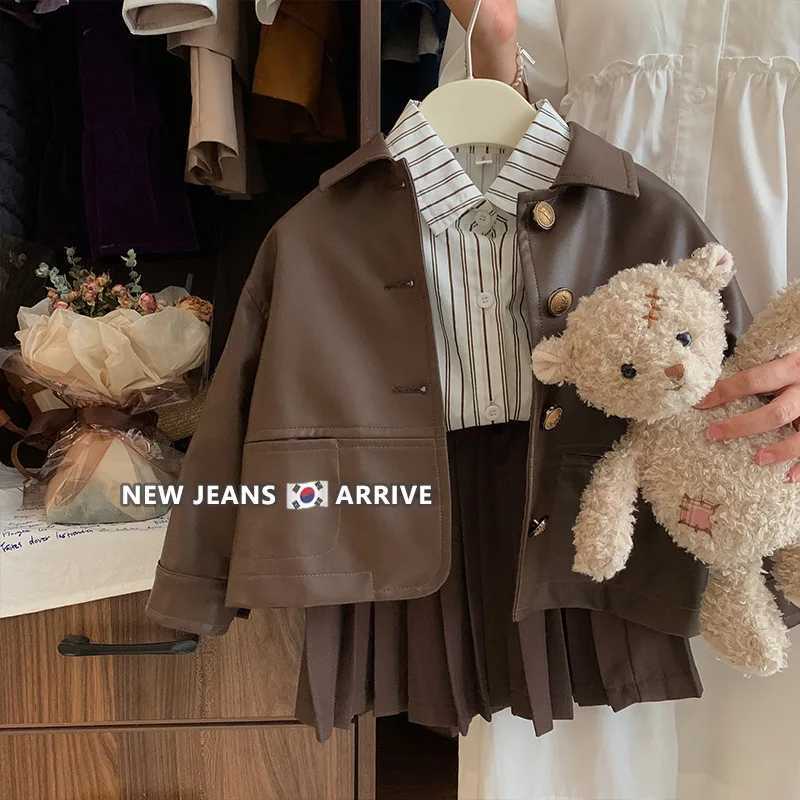 Kids Korea Fashion Jackets for Girls Cute Skirt + Shirt + PU Coat Set Baby Girls Brown Vintage PU Leather Coat Fall JacketsT260916