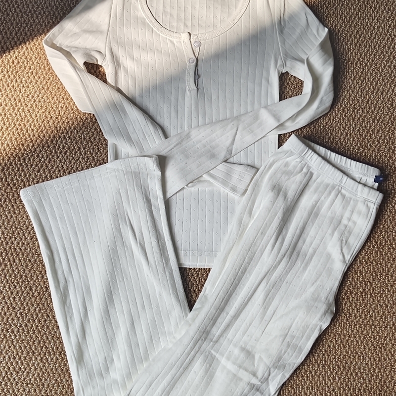 Eyelet White Tshirt Pant Pajama Set Woman Buttons Long Sleeve TeeElastic Waist Straight Trousers Cotton Home 2 Piece Sets Y2k 260917