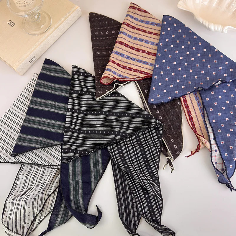 Cotton Triangle Scarves For Women Striped Floral Print Hair Scarf Literary Girls Linen Shawl Soft Breathable Retro Headwraps 260916