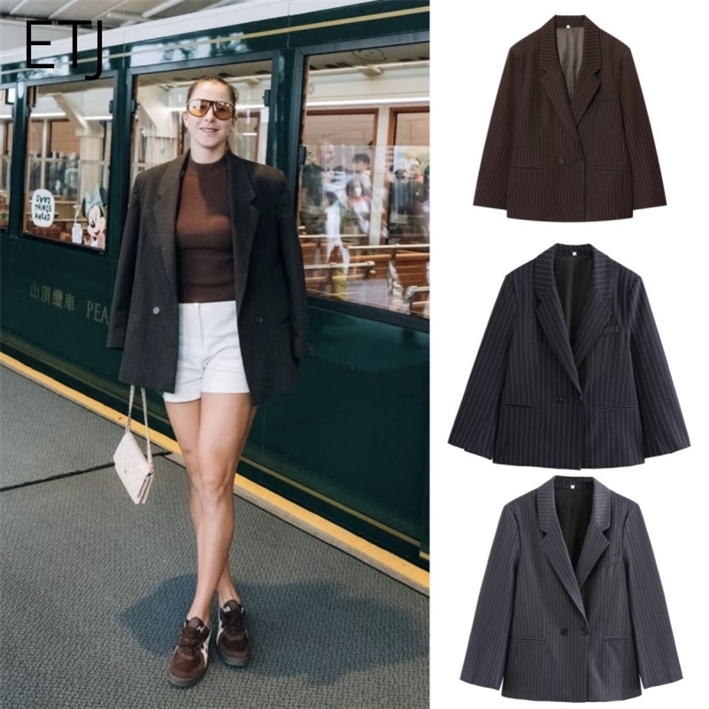 ETJ FallWinter Womens Street Fashion oversized pinstripe shoulderpadded loose suit jacket for women 260917