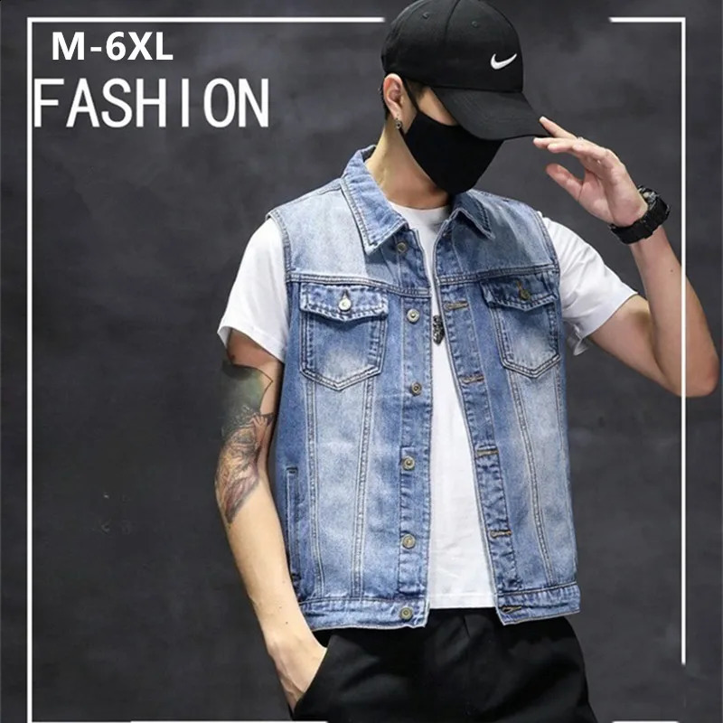 Autumn Men Denim Vest Ins Blue Waistcoat 5XL 6XL Jeans Sleeveless Jacket Motor Cowboy Boys Young Teenagers Plus Size Outerwear 260917