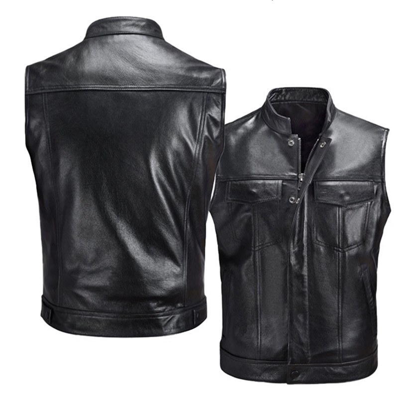 Purchase high-quality This year's trend men's leather vest stand up collar single breasted sleeveless outdoor 260915