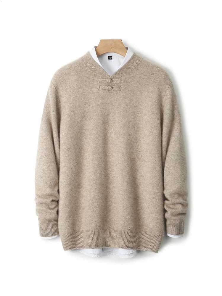 Wool 100% Merino New Men Sweater Long Sleeves Stand-up Collar Pullover Cashmere Soft Disk Buckle Clothing Warm Leisure Men's TopW260915