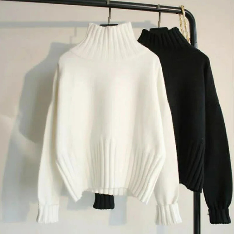 Lucyever Black White Autumn Winter Sweaters Women Soft Thick Loose Fit Knitted Pullovers Female Long Sleeve Turtleneck Sweater 260917