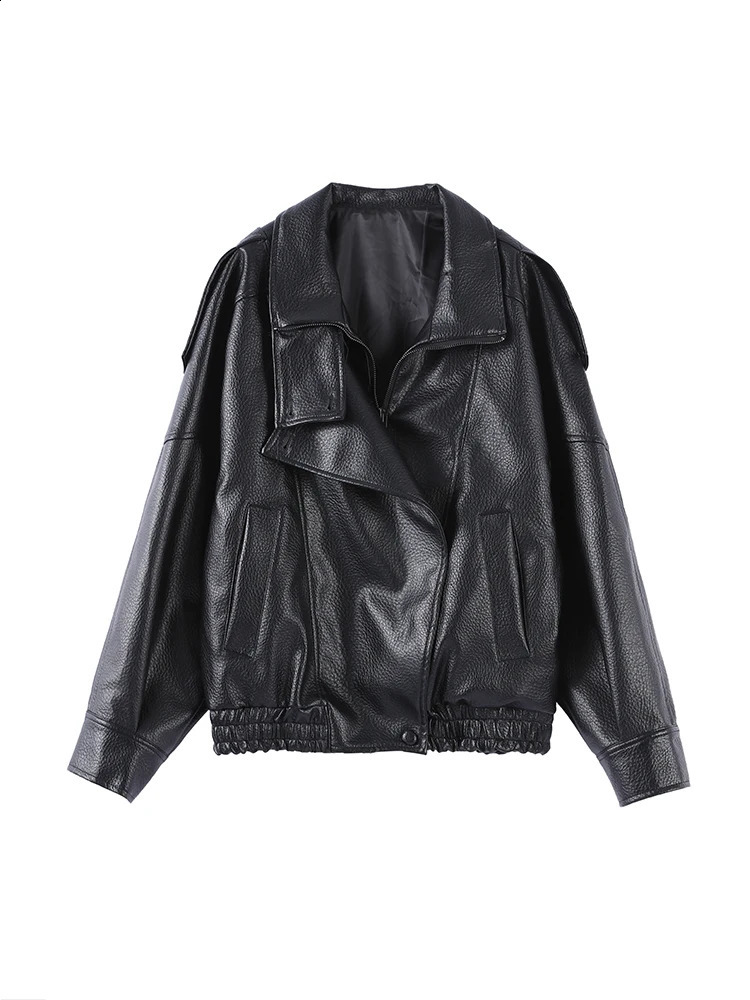 Faux Leather Stand Collar Bomber Jacket Women Locomotive Epaulet Slant Opening Ruched Coats Fashion Autumn Winter Lady Outerwear 260916