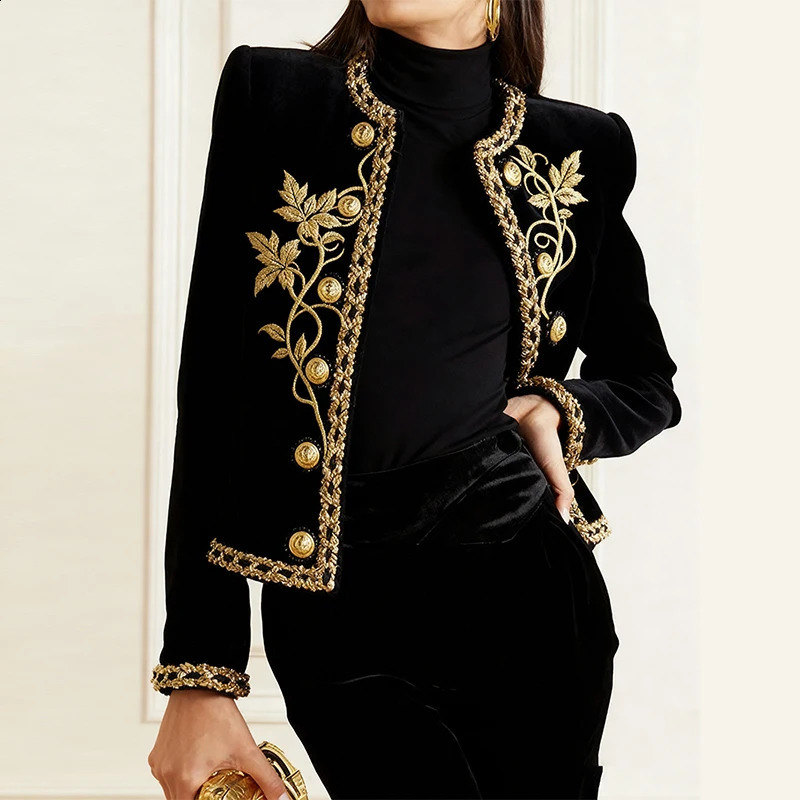 Modigirl Woman Fall Winter Gold Embroidered Jackets 2026 Velvet Long Sleeve Round Neck Button Christmas Holiday Ladies Coat 260915