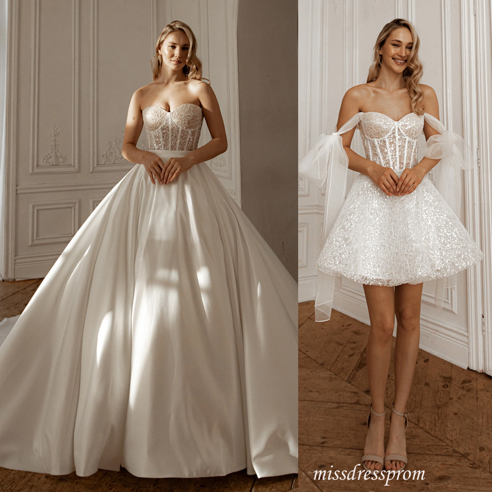 Elegant 2 In 1 A Line Wedding Dresses Off Shoulder Two Pieces Wedding Dress Adorned with Glitter Detachable Skirt Wedding Gown for Bride 917