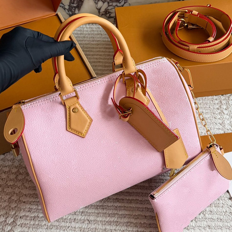 10A P24 Monogram Speedies 25cm Pink Boston Bag Women Canvas Top Handle Duffle Handbag with Crossbody Strap Coin Purse