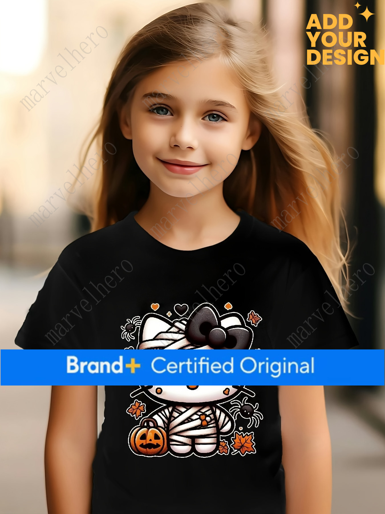 Sanrio S Hello Kitty Halloween Graphic T Shirt For Girls Features White Short Sleeve Round Neck Design Adorned With A Black Bow And Pumpkin Motif Ma