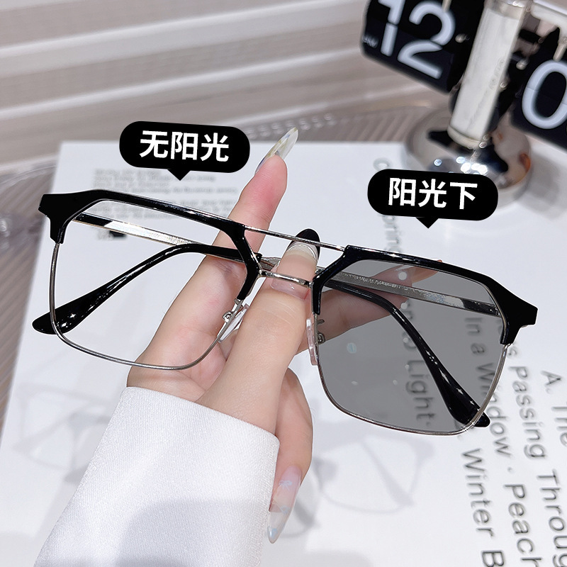 Half-frame photochromic anti-blue light glasses, same style as on and polarized sunglasses men, high-definition protective flat glasses for