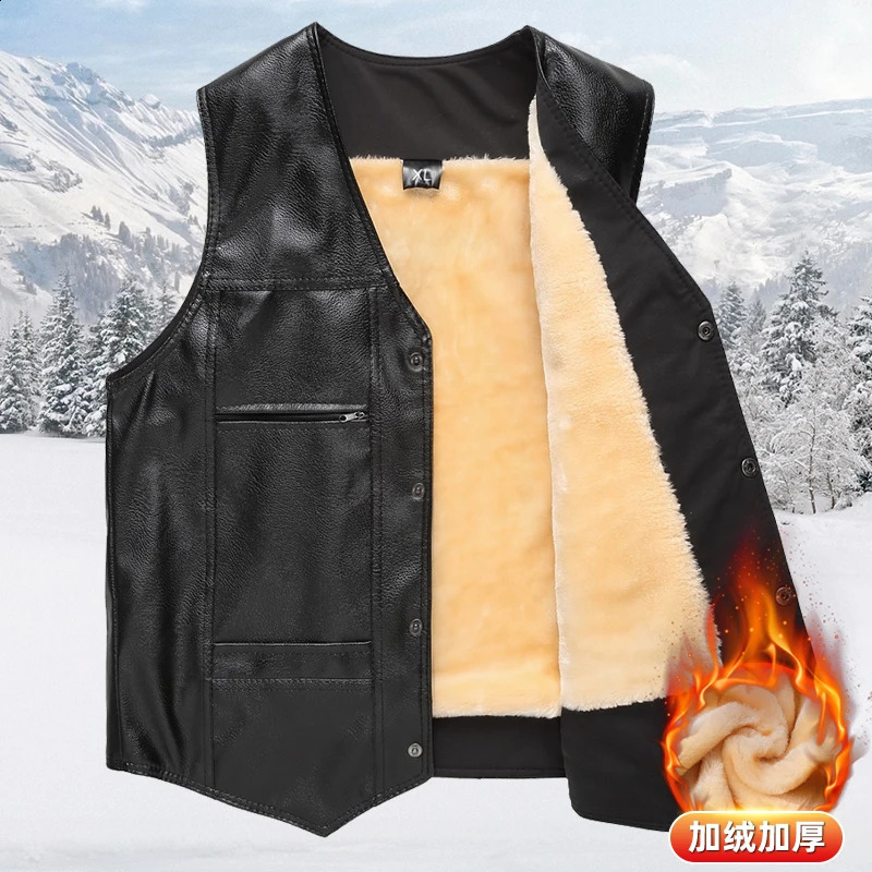 Winter Men Thick Warm Fleece Leather Vest Coat Male V-Neck Single Breasted Vest Casual Male Clothing Outerwear 260917