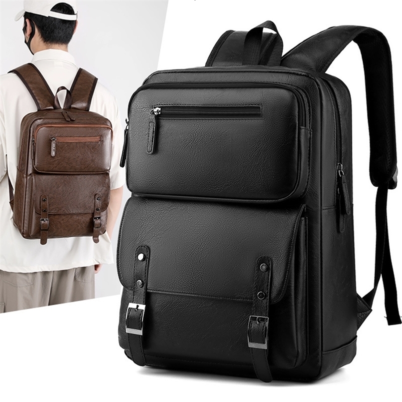 Fashion Men Backpack PU Leather Bagpack Large Laptop Backpacks Male Mochilas Black Schoolbag For Teenagers Boys Brown Sac A Dos 260916