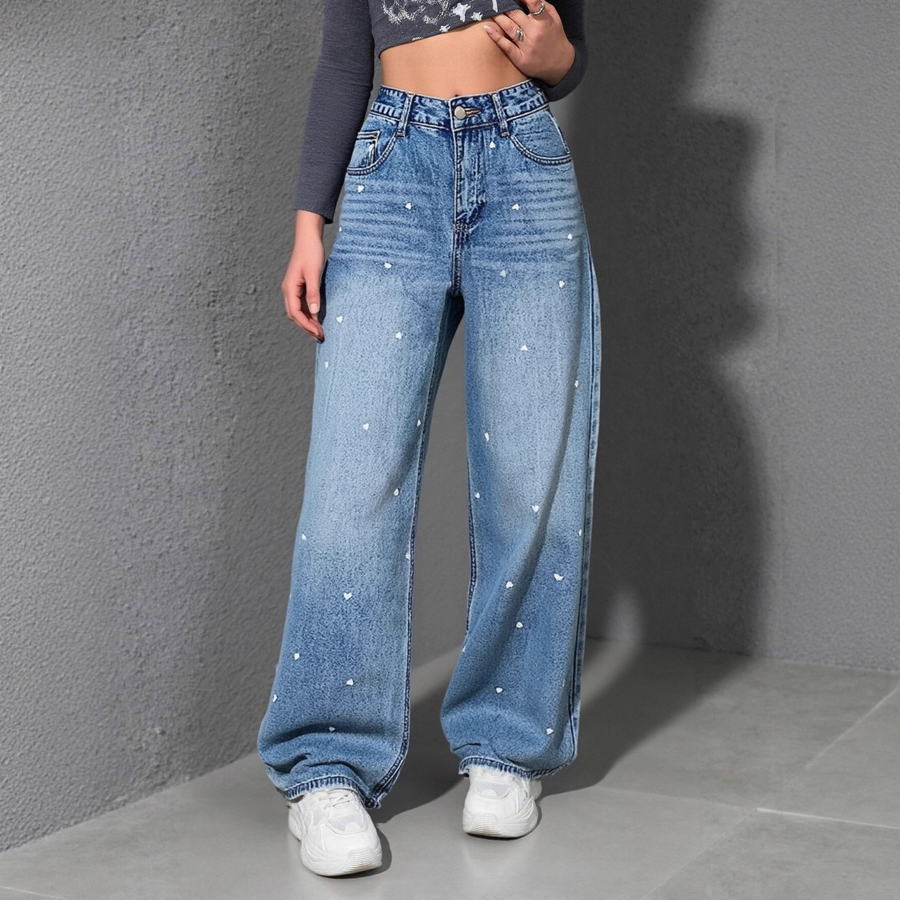 Cross-border 2026 new heart-patterned jacquard denim pants, high-waisted, loose-fitting, wide-leg style, European and American fashion, slimming eff