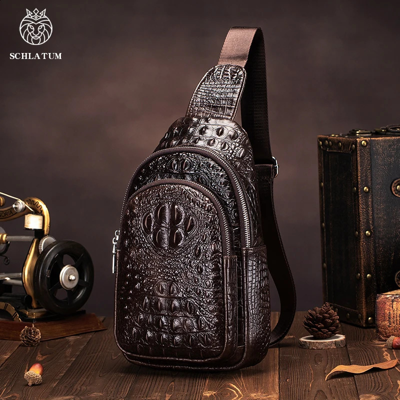 SCHLATUM Men's Genuine Leather Vintage Pattern Chest Bag y Men Crossbody Travel Multifunction Sling Bags 260917