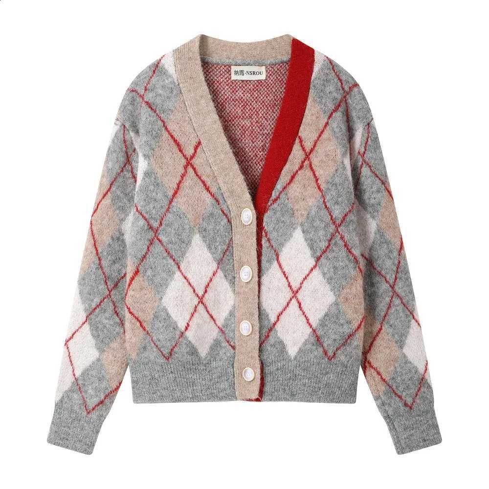 Block Women Winter Autumn Color Argyle V-Neck Knit Cardigan Yellow Green Contrast Open Front Sweater Oversized Preppy Style J260916