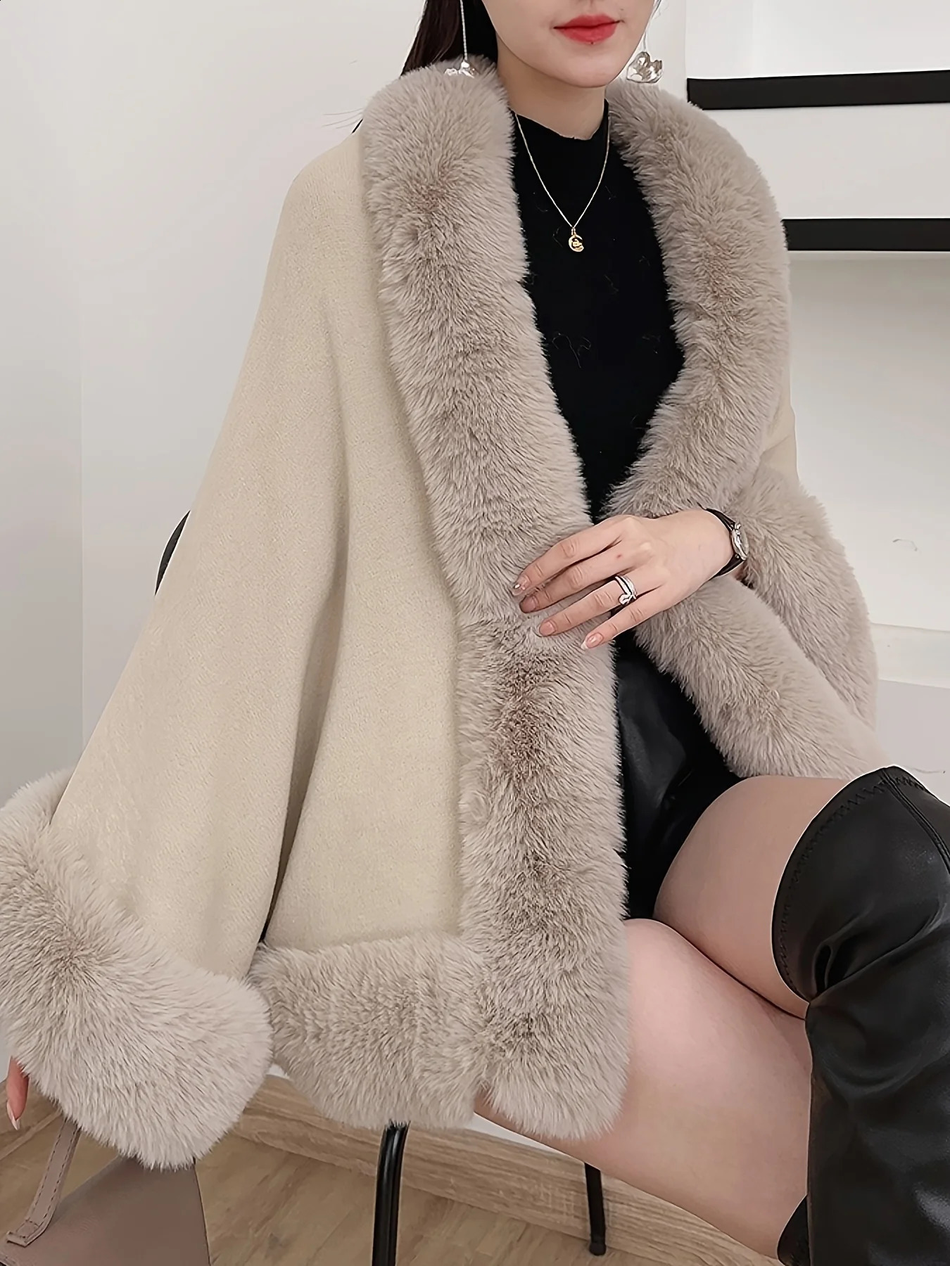 Elegant Vintage Knitted Open Cardigan Coat Solid Color Fur Collar Autumn Winter Outerwear for Women Stylish Younger Version 260917