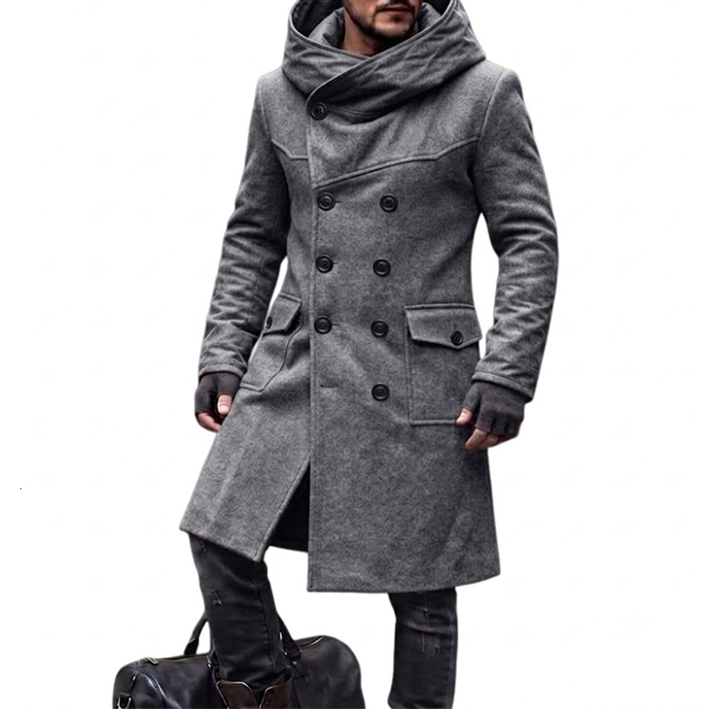 High quality 2026 Fall Hooded Maxi Coats Mens Fashionable Solid Color Double-breasted Long Sleeve Outerwear Men Vintage Warm Woolen Coats