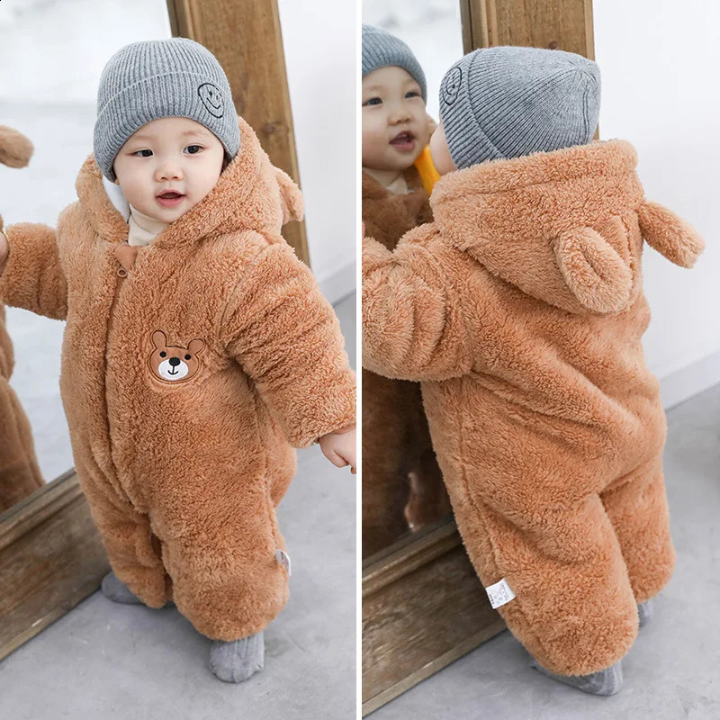 Baby Boy Clothes Cute Plush Bear Baby Rompers Autumn Winter Keep Warm Hooded Infant Girls Overall Jumpsuit born Romper 0-18M260916