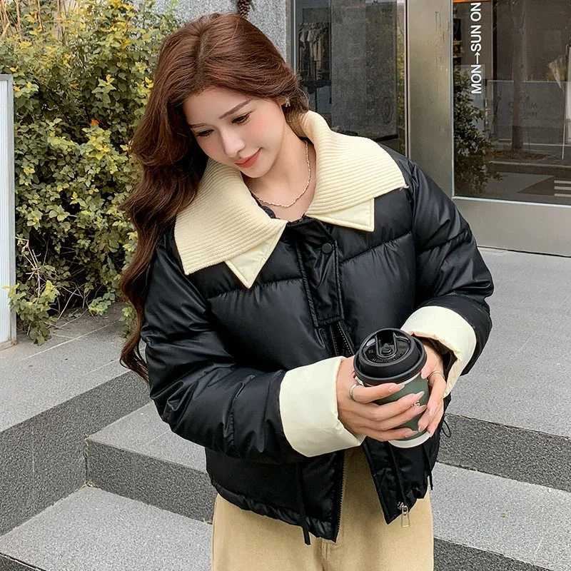 2025 New Knitted Big Lapel Down Cotton Jacket Women Korean Fashion PU Leather Spliced Short Parkas Thicken Warm Winter Coats H260917
