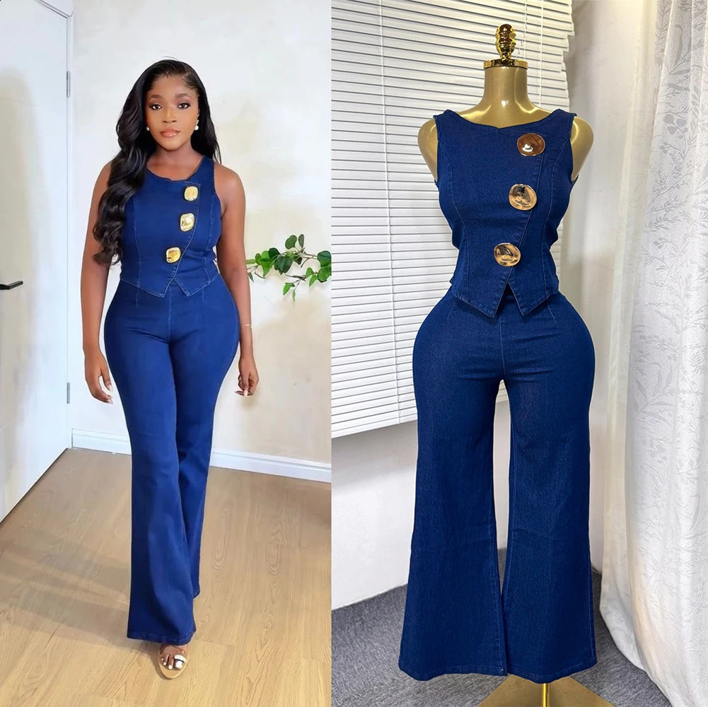 Fashion Denim Women Loungewear Sets Sleeveless Button Tank Tops and Wide Leg Jean Pants Suit Holiday Outfits 2 Piece Set 260917