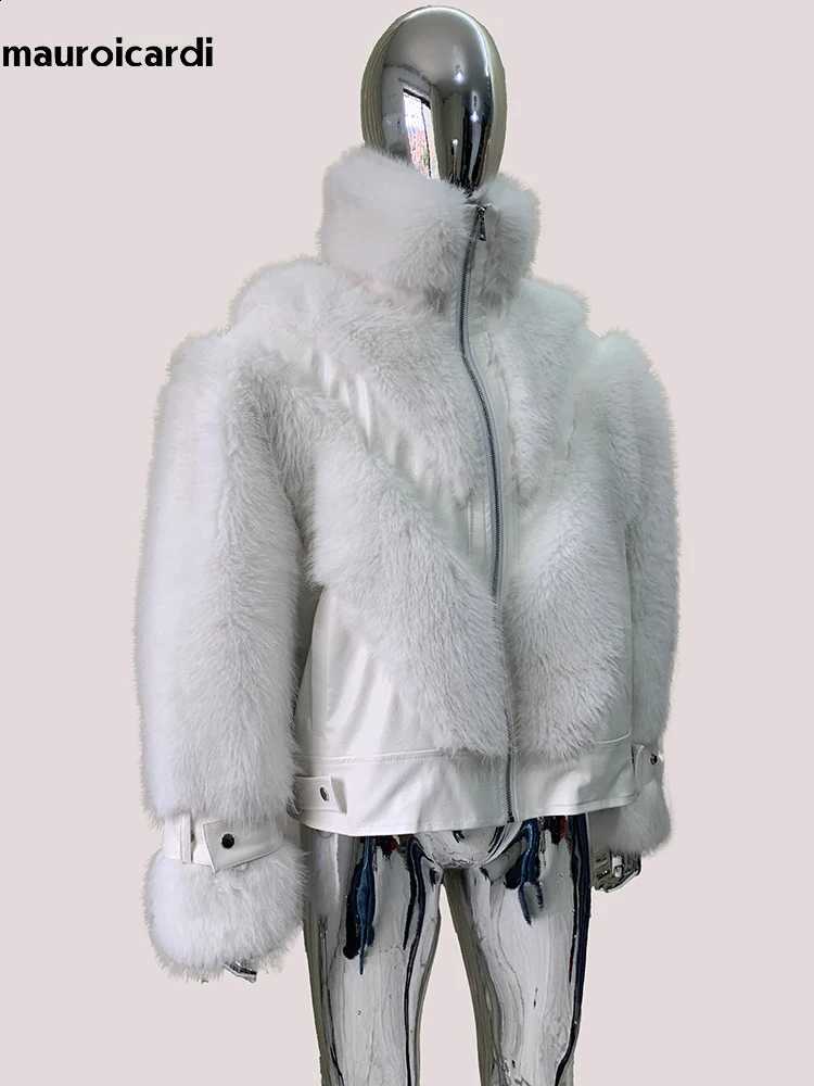 Thick Mauroicardi Short Autumn Winter Warm White Pu Leather Patchwork Faux Fur Coat Men Stand Collar Zip Up Fluffy Jacket 2025 W260915