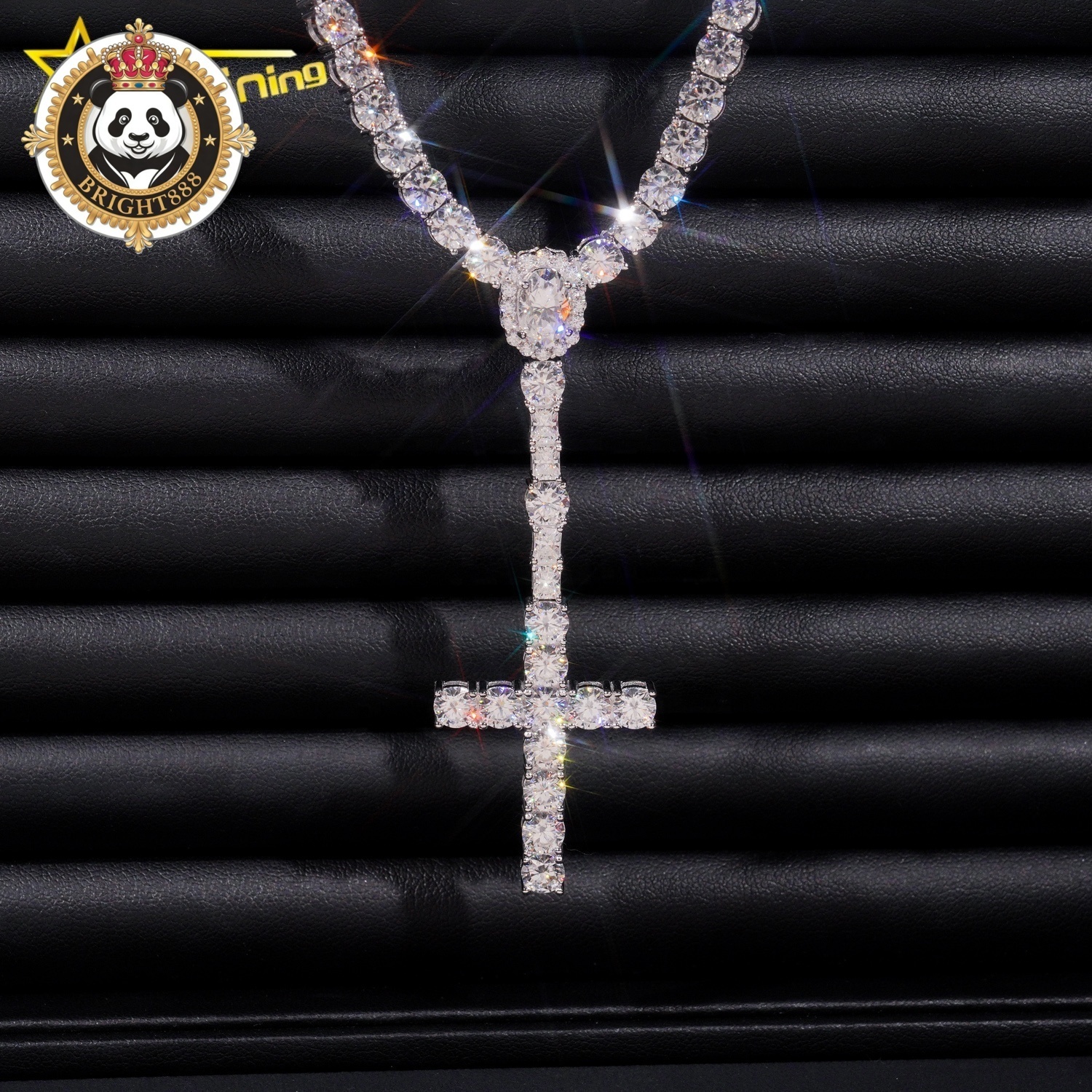 New Arrival Hot Sell Iced Out 5MM Width 925 Sterling Silver VVS Moissanite Rosary Cross Tennis Chain Necklace