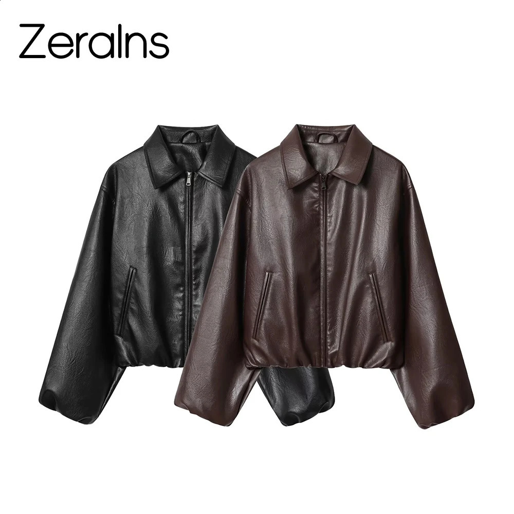 ZERAINS Autumn women's clothing European and American lapel long sleeved loose PU leather pilot jacket 260916