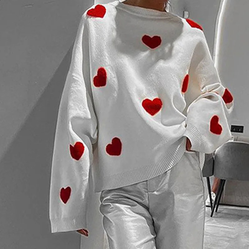 Love Heart Knitted Sweater Women's Trendy Street Style Long Sleeve Overhead Pullover Knitwear Ultra Short Length Fashion 260917