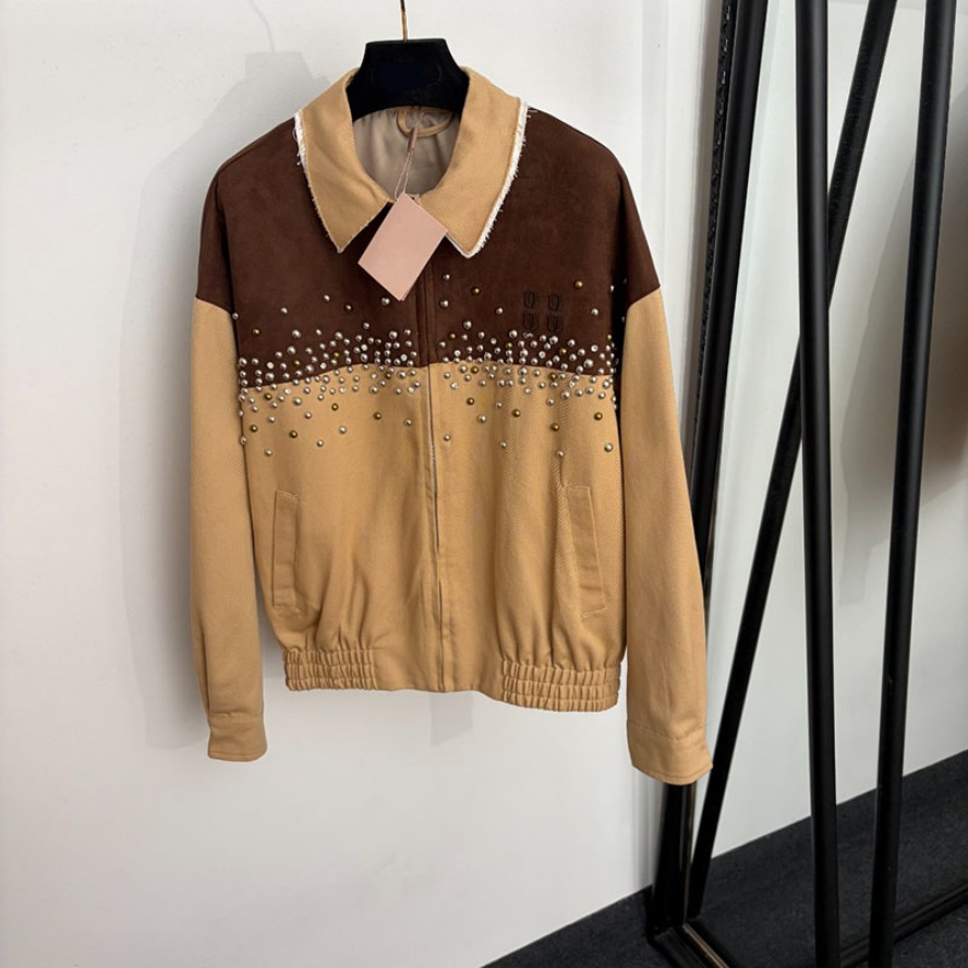 Designer Beaded Suede Jackets For Women Color Block Loose Fit Windproof Coats Daily Casual Resort Vacation Long Sleeves Outerwear