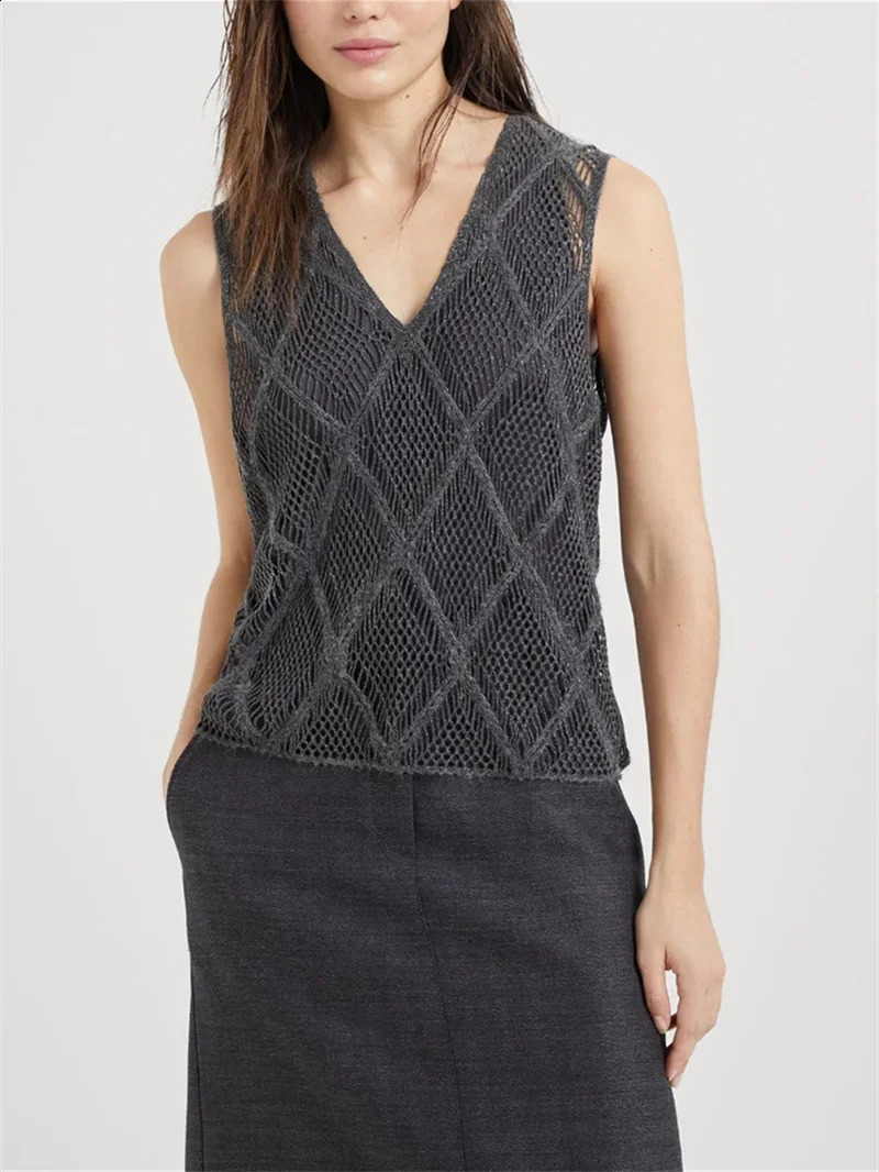 Sequin Hollow Out Women's VNeck Sleeveless Knitted Vest 2026 Summer Ladies Solid Color Versatile Slim Fit Tank Sweater 260916