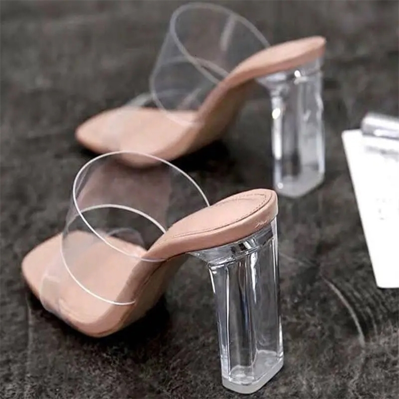 Summer Women Pumps Sandals 9cm Jelly Slippers Sexy Open Square Toe High Heels Women Transparent Slippers Shoe Heel Clear Sandals 260910