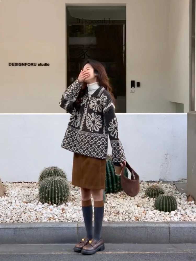 Color Retro Fair Isle Block Collar Sweater Women's Winter Loose Fit Long Sleeve Drawstring Knitted Top Casual Fashion J260916