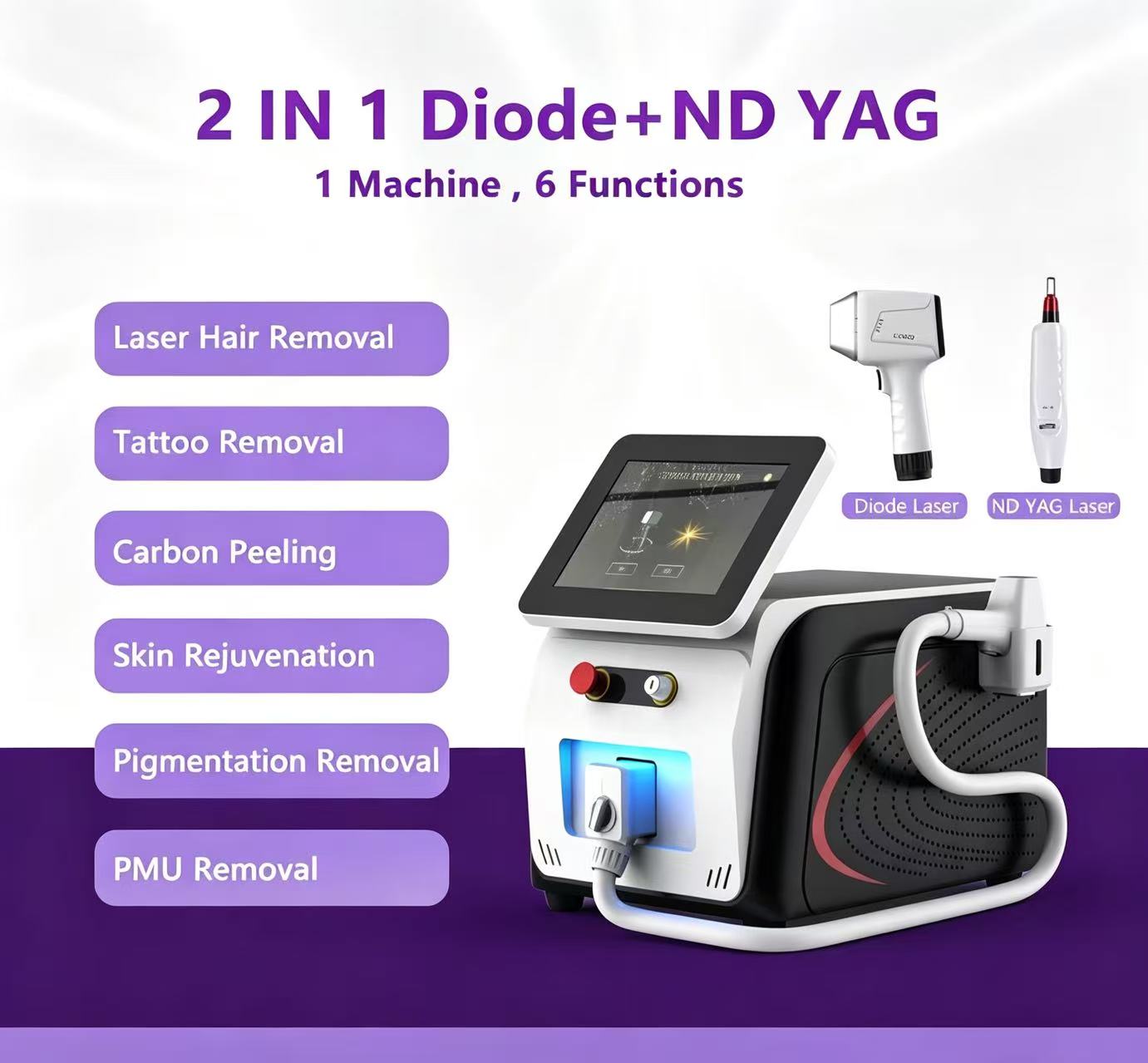 Manufacturer Diode Laser Hair Removal ND YAG Tattoo Removal Machine 2 IN 1 6 Functions Beauty Equipment