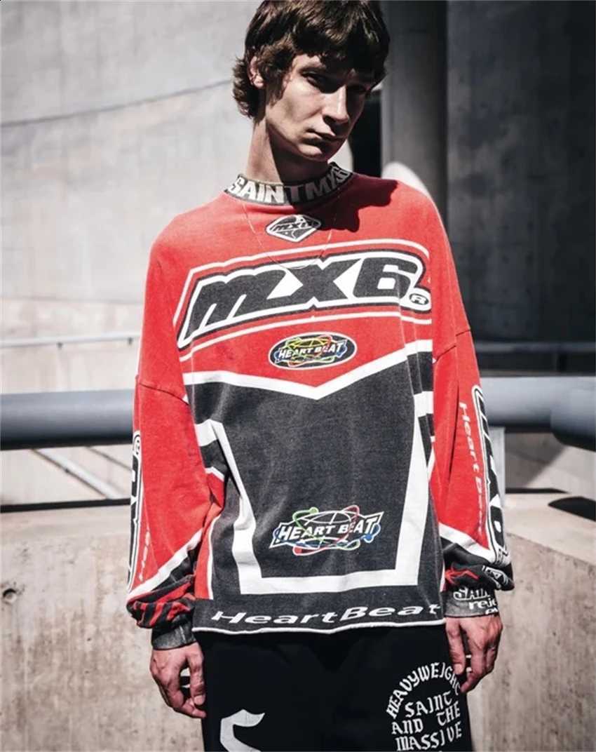 New SAINT 2025SS MX6 Racing Style Letter Crack Print Washed Vintage Long Sleeved High Street Casual Loose Cotton Top T-shirt X260916