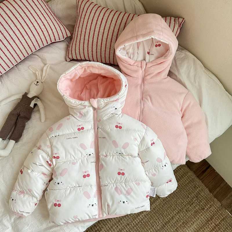Can Be Worn On Both Sides Autumn Winter Boys Girls Jacket Cute Rabbit Ears Thicken Keep Warm Hooded Down Cotton Outwear For KidsT260916