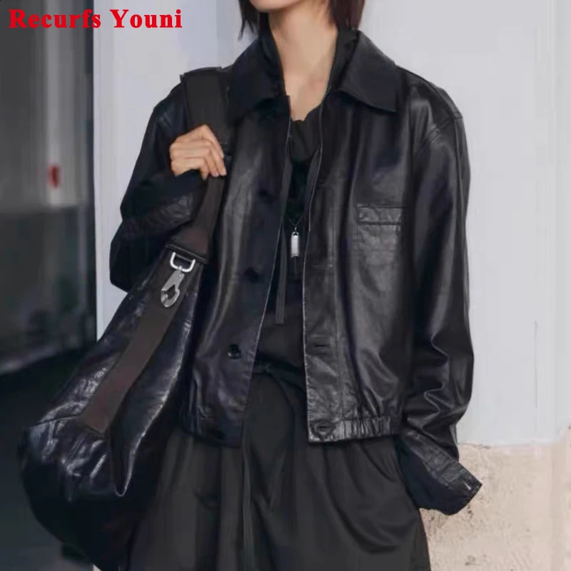 Advanced Oil Wax Leather Jacket for Women Autumn Winter Female 100% Lambskin Square Neck Elastic Waist Loose Coat Vestes Femmes 260916