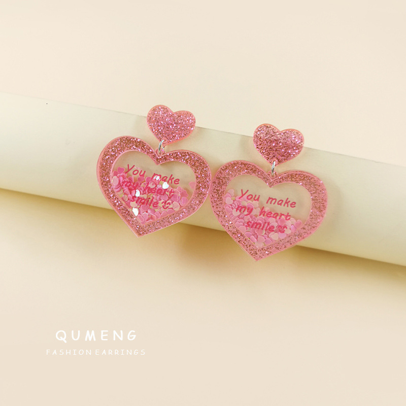 Creative New Pink Sequin 3D Heart Letter Printed Acrylic Earrings Vintage Valentine's Day Jewelry
