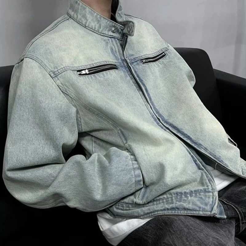 Gmiixder American Retro Yellow Mud Denim Jacket Unisex Autumn Luxurious Handsome Motorcycle Jacket Stand Up Collar Denim Jacket S260917O8EA