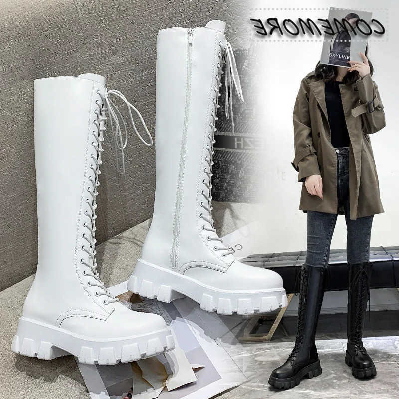 2025 New Thicken Winter Knight Boots Women Knee High Long Square Heel Lace Up Motorcycle Boots Black White Botas Mujer 40 D260917