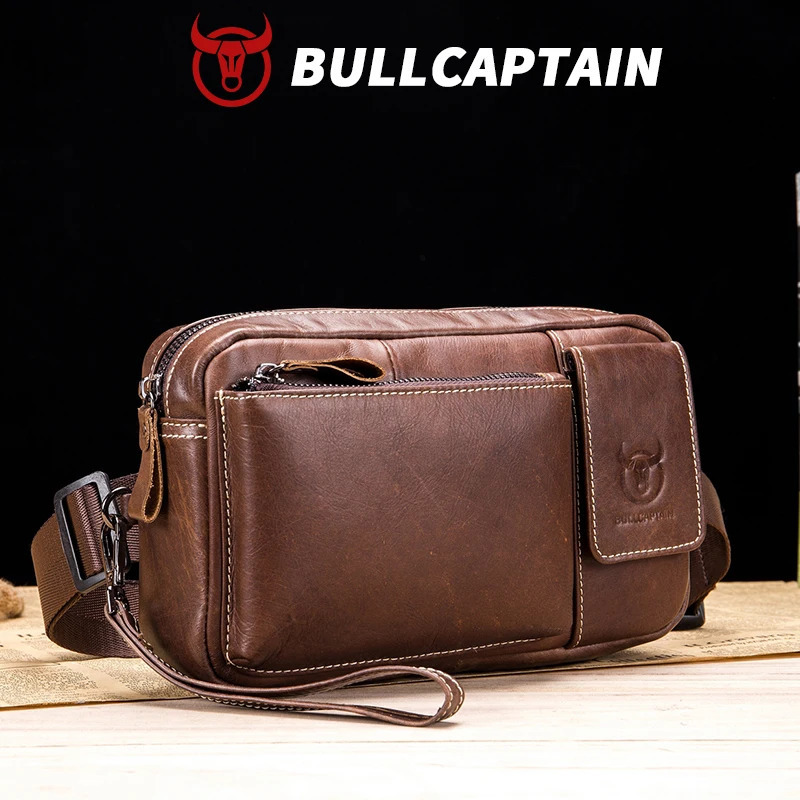 BULLCAPTIAN leather waist bag with belt mobile phone outdoor sports Fanny Pack for men Men's Clutch Casual Key Bag 260917
