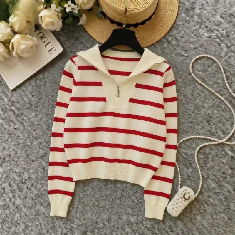 Collar Zip Women Half Striped Knit Pullover Sweater Elastic Long Sleeve Cropped Loose Fit Casual Ladies Fashion Knit Top Outfit J260916