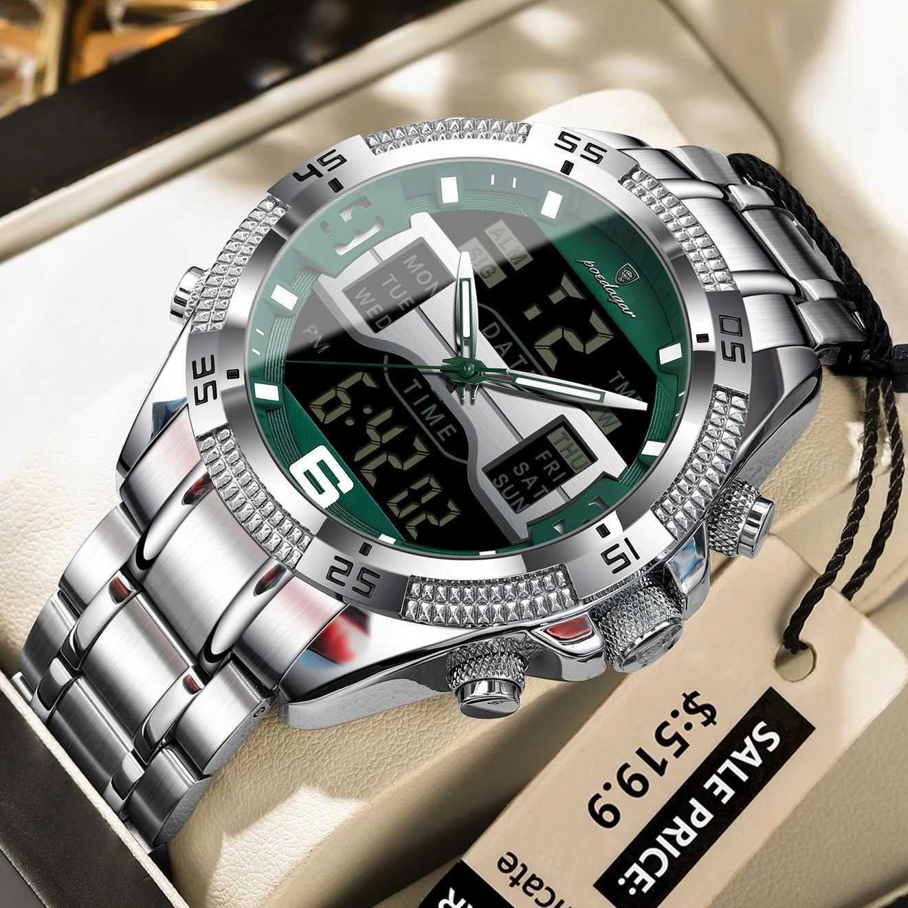 POEDAGAR Sports Luxury Man Wristwatch Dual Time Display Digital Week Date LED Luminous Men Watch Electronic Quartz Men's WatchesT260916