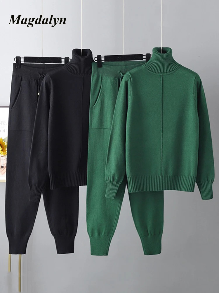 Magdalyn Women Winter Warm Knitted Suits Fashion Solid Turtleneck Long Harem Pants Tracksuits Autumn Casual 2 Pieces Sweater Set 260916